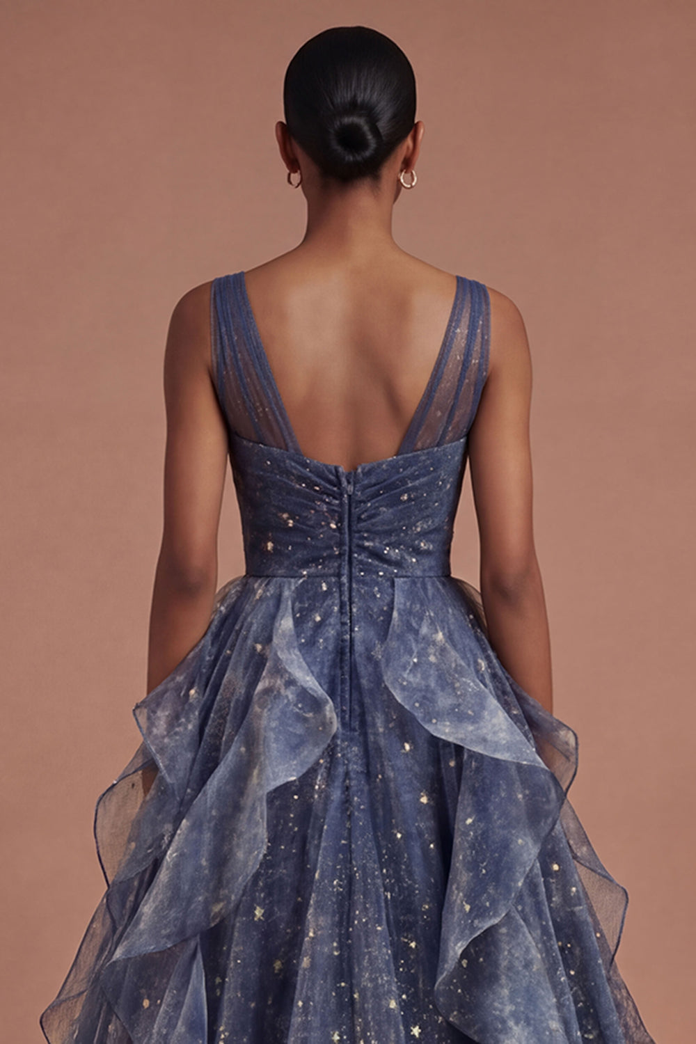 Dusty Blue Ruffled Backless Long Prom Dress