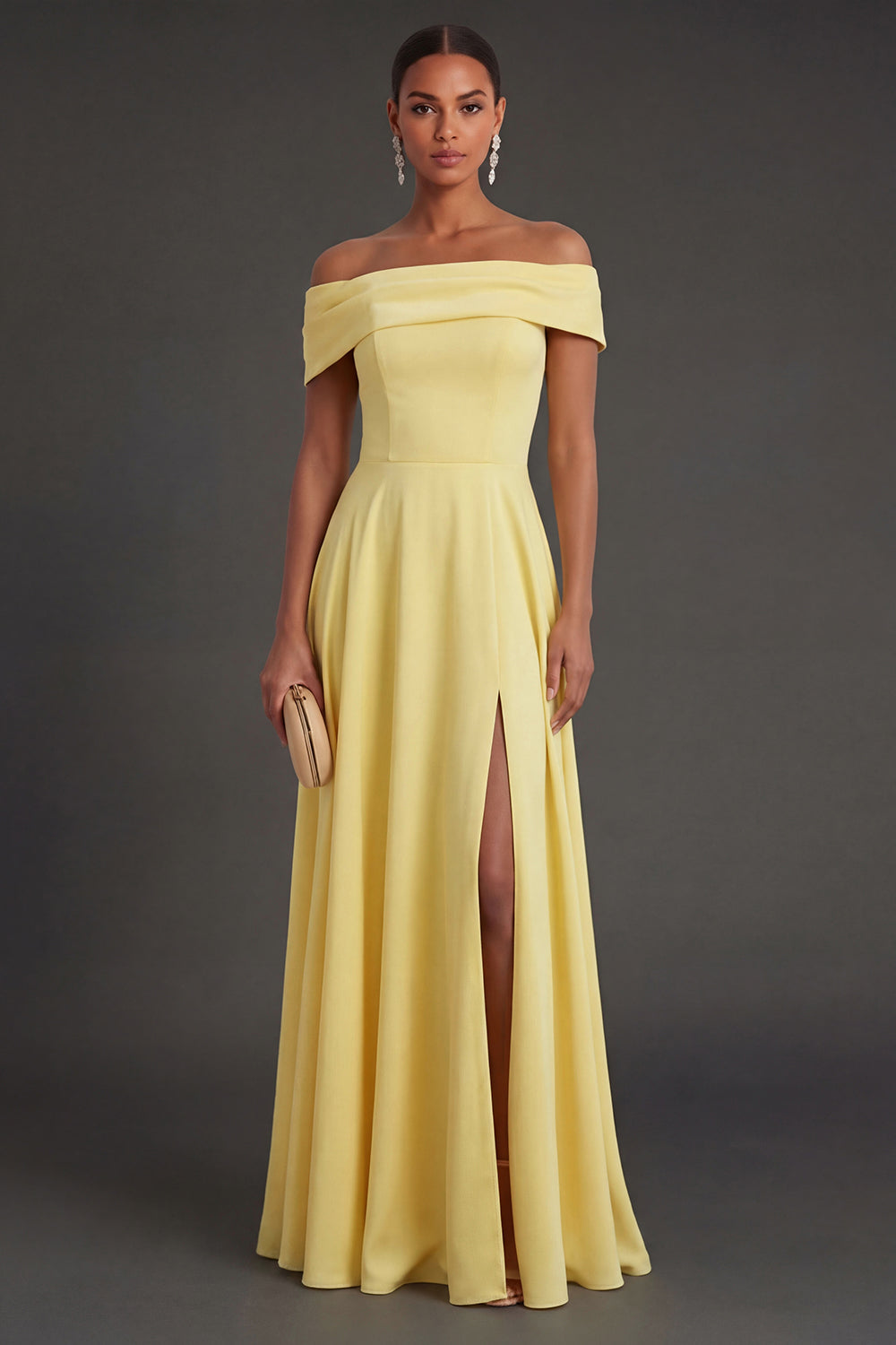 Leely Women Yellow A Line Long Summer Wedding Guest Dress with Slit Off the Shoulder Formal Dress