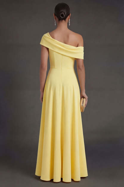 Yellow Off the Shoulder A Line Long Wedding Guest Dress with Slit