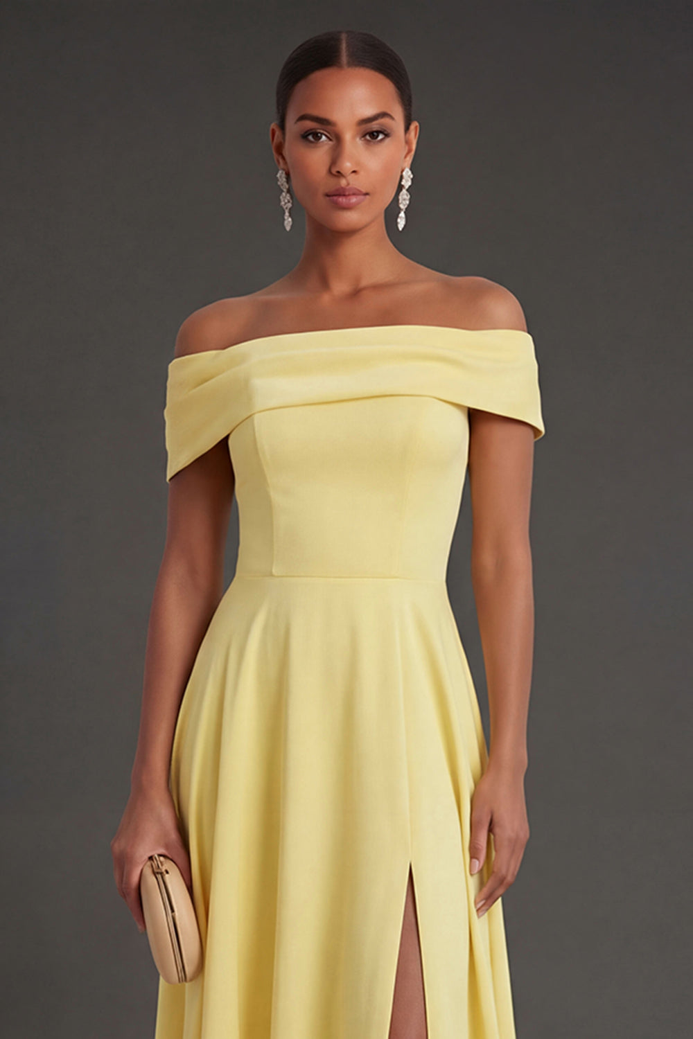 Yellow Off the Shoulder A Line Long Wedding Guest Dress with Slit