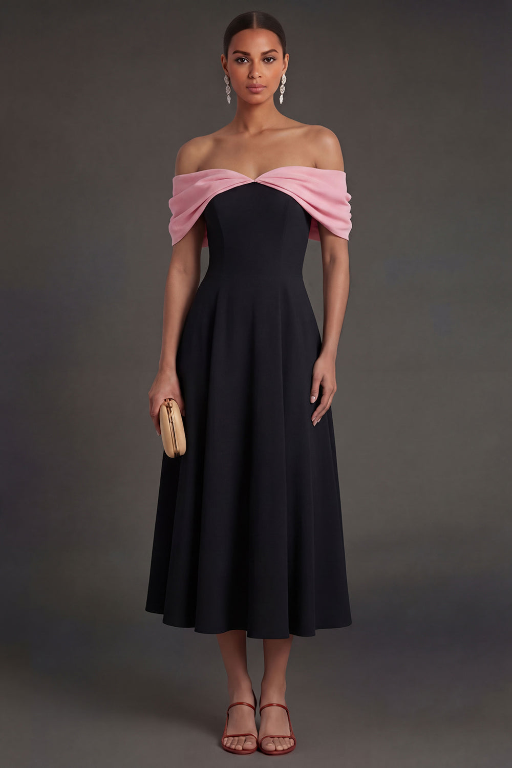 Black A Line Off the Shoulder Midi Wedding Guest Dress