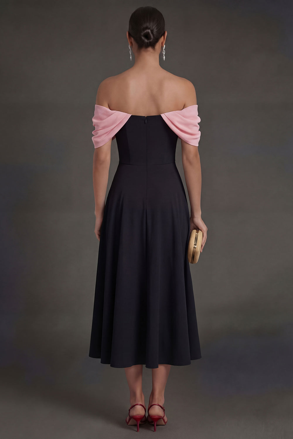 Black A Line Off the Shoulder Midi Wedding Guest Dress