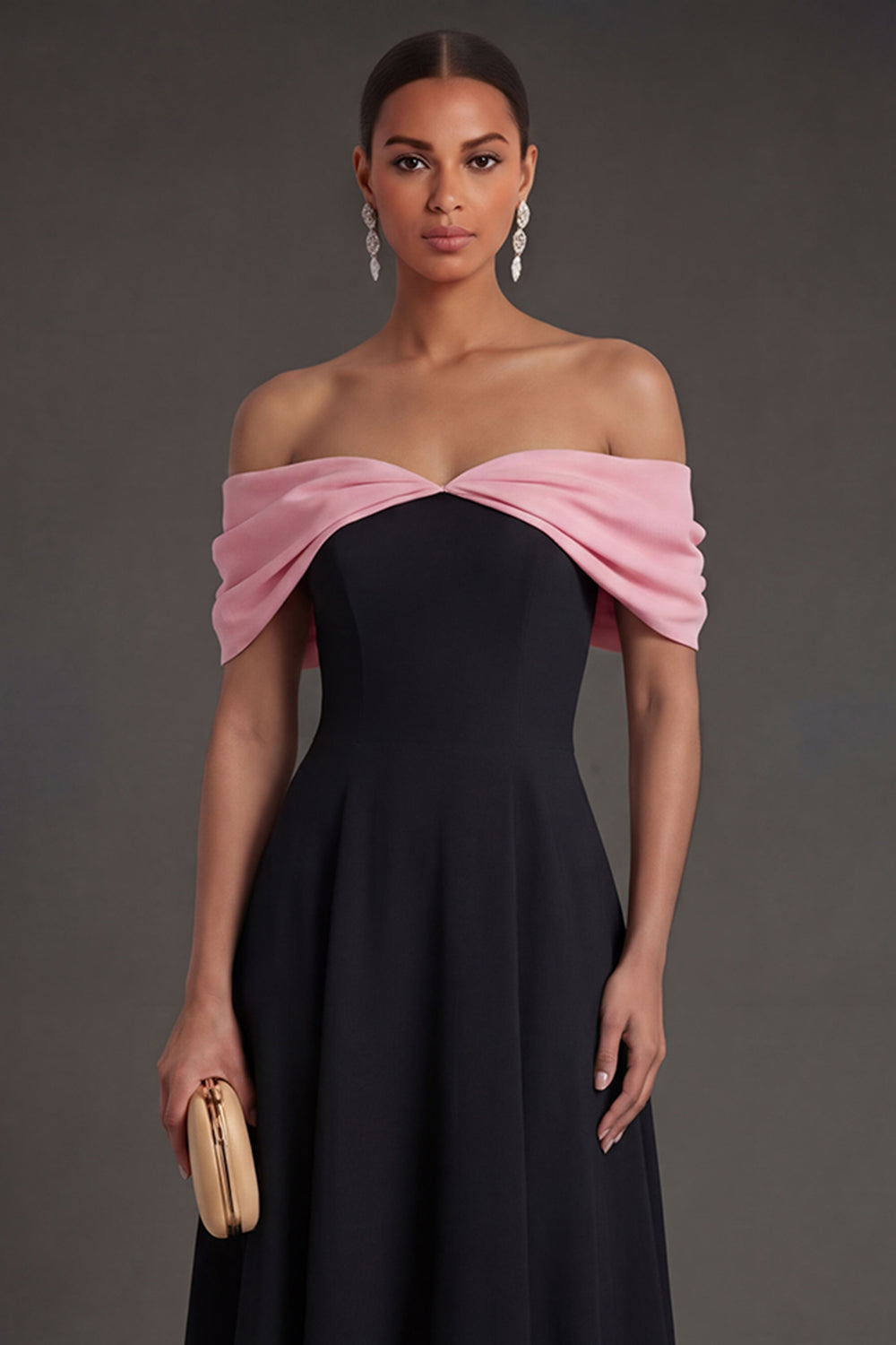 Black A Line Off the Shoulder Midi Wedding Guest Dress