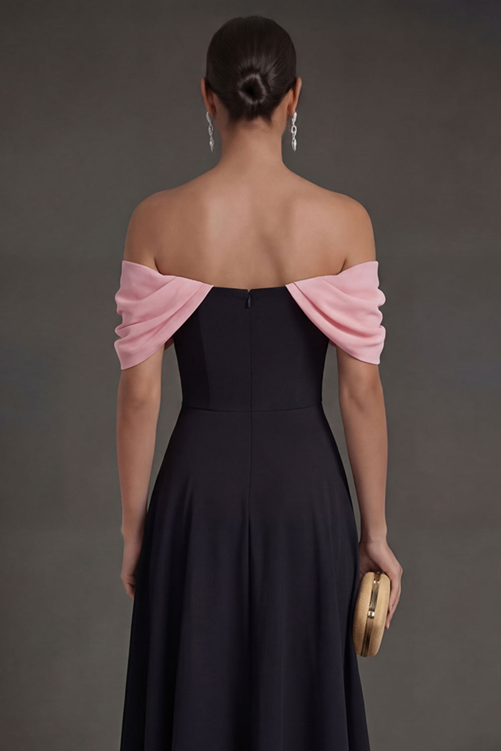 Black A Line Off the Shoulder Midi Wedding Guest Dress