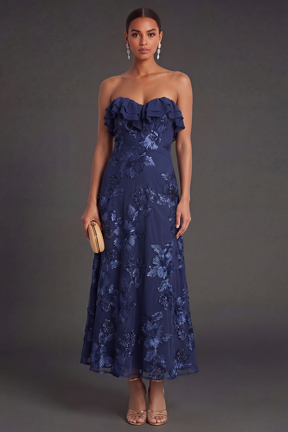 Light Blue A Line Floral Strapless Long Wedding Guest Dress