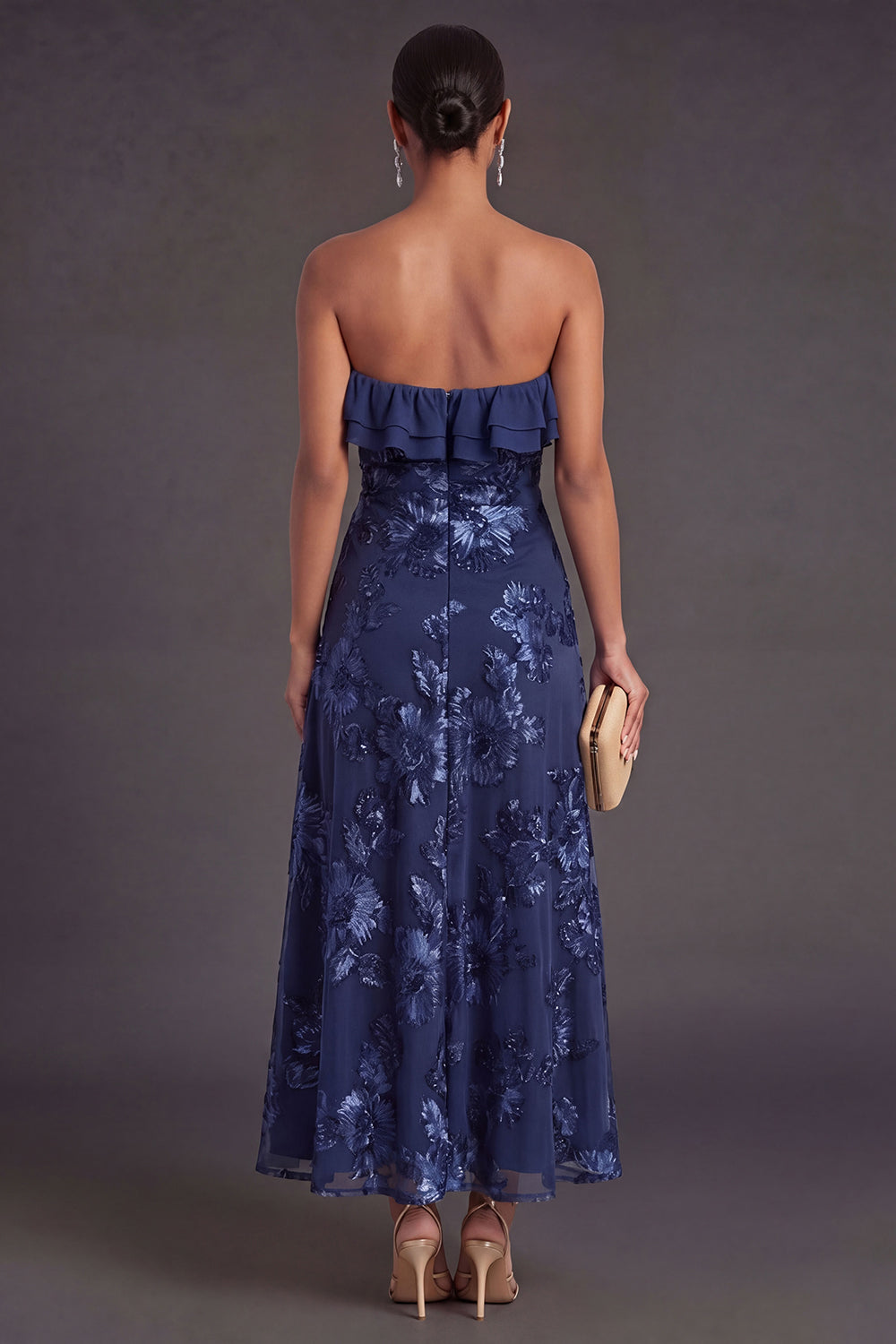 Light Blue A Line Floral Strapless Long Wedding Guest Dress