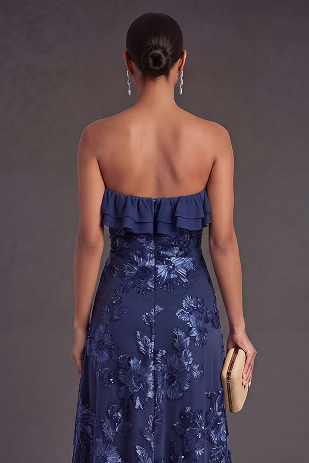 Light Blue A Line Floral Strapless Long Wedding Guest Dress