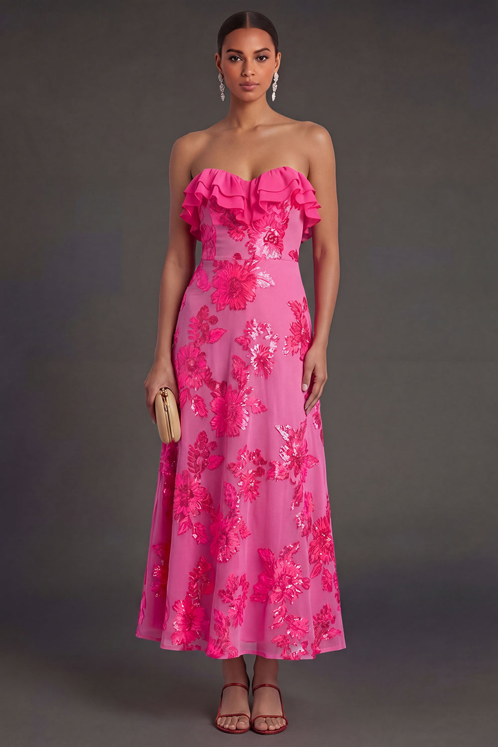 Light Blue A Line Floral Strapless Long Wedding Guest Dress