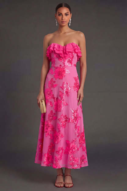 Light Blue A Line Floral Strapless Long Wedding Guest Dress