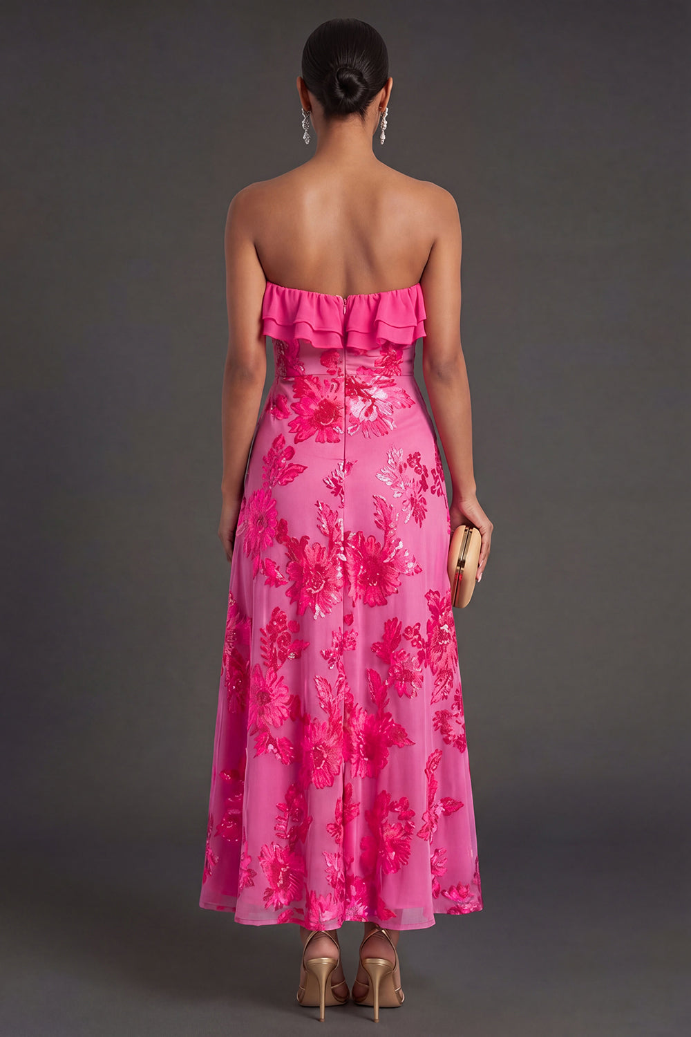 Light Blue A Line Floral Strapless Long Wedding Guest Dress