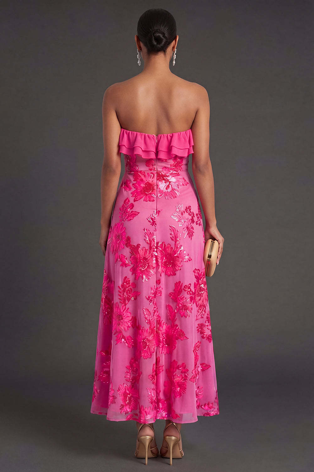 Light Blue A Line Floral Strapless Long Wedding Guest Dress