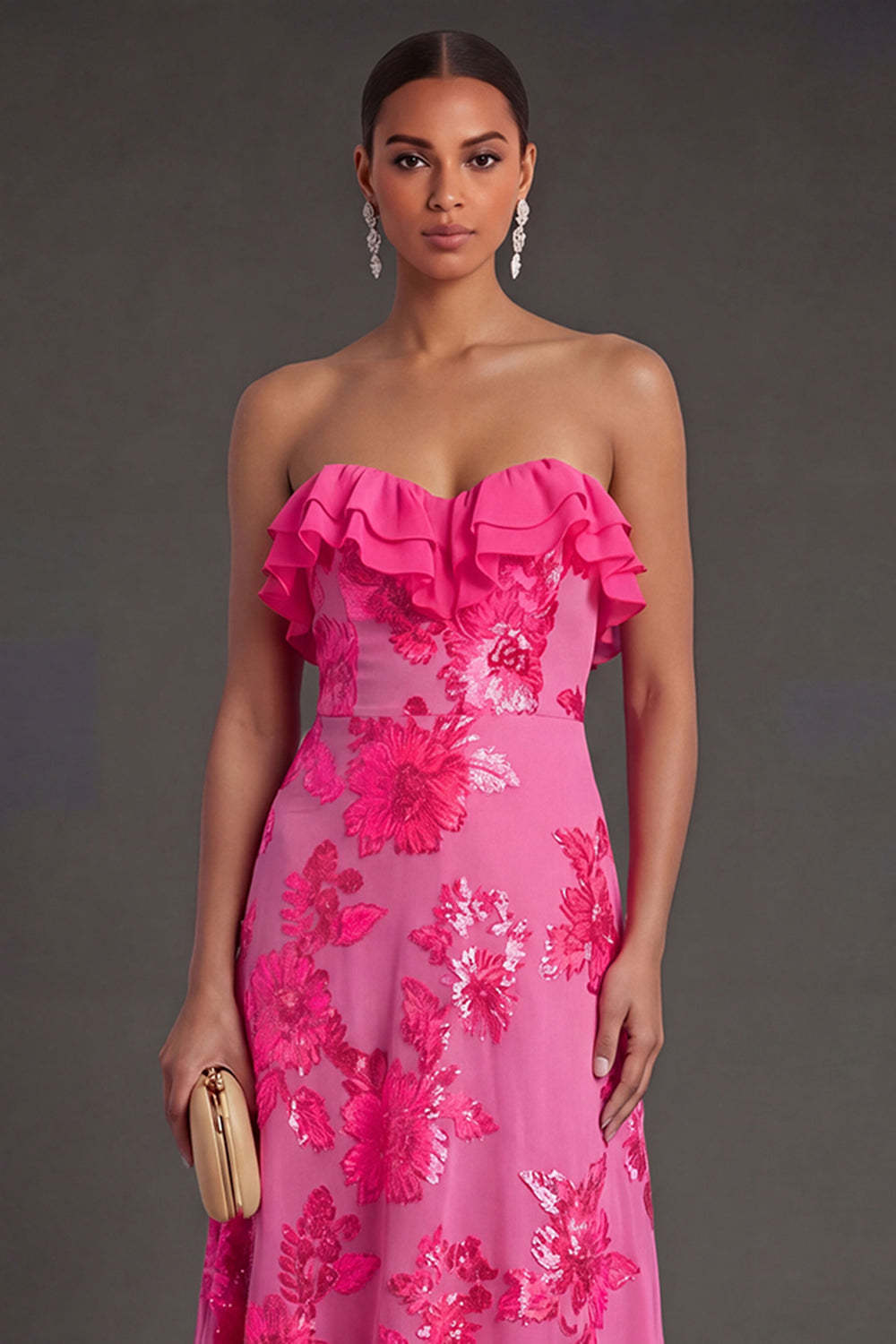 Light Blue A Line Floral Strapless Long Wedding Guest Dress