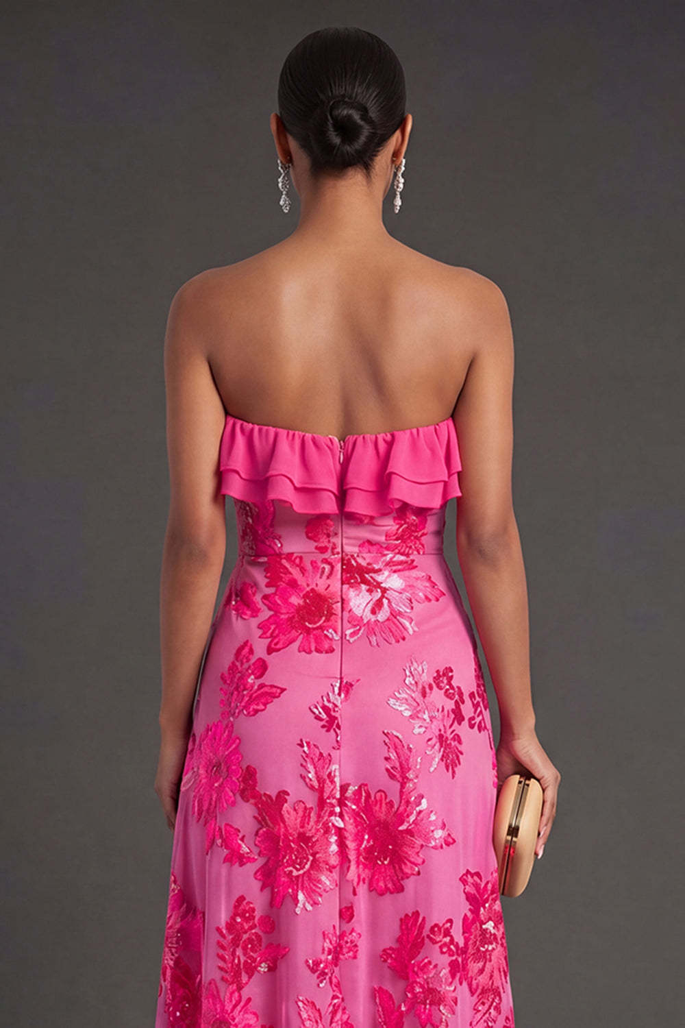 Light Blue A Line Floral Strapless Long Wedding Guest Dress