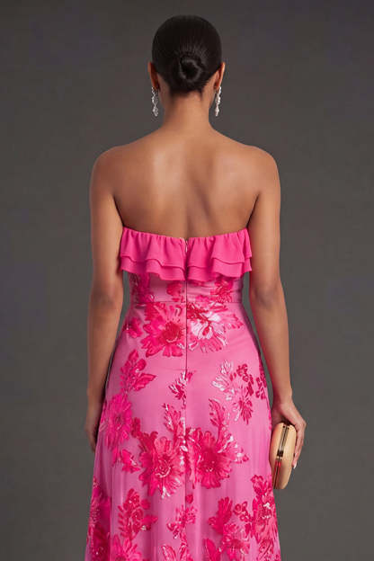 Light Blue A Line Floral Strapless Long Wedding Guest Dress