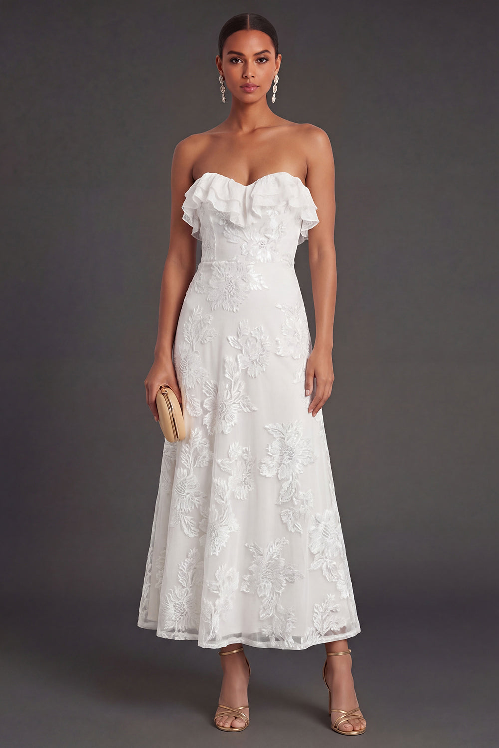 Light Blue A Line Floral Strapless Long Wedding Guest Dress