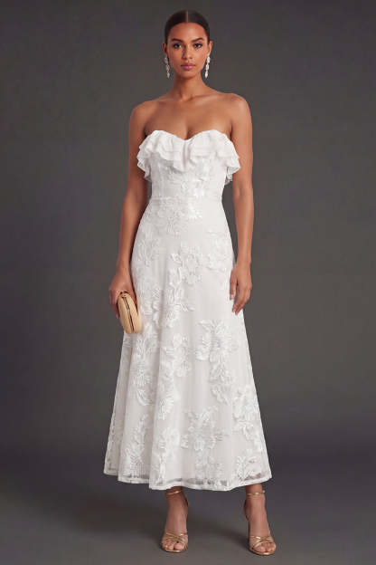 Light Blue A Line Floral Strapless Long Wedding Guest Dress