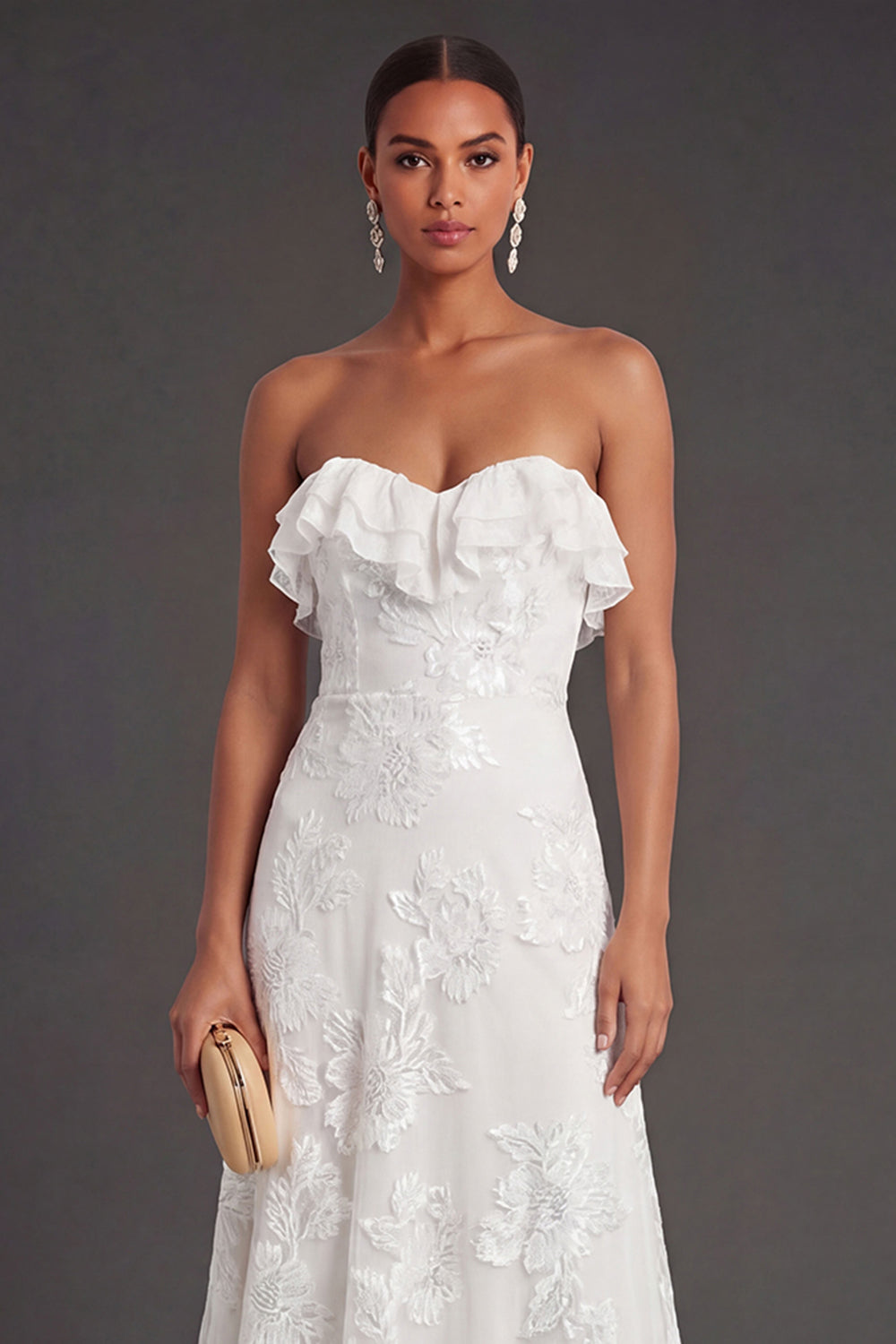 Light Blue A Line Floral Strapless Long Wedding Guest Dress