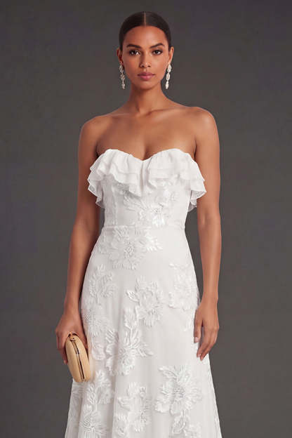 Light Blue A Line Floral Strapless Long Wedding Guest Dress