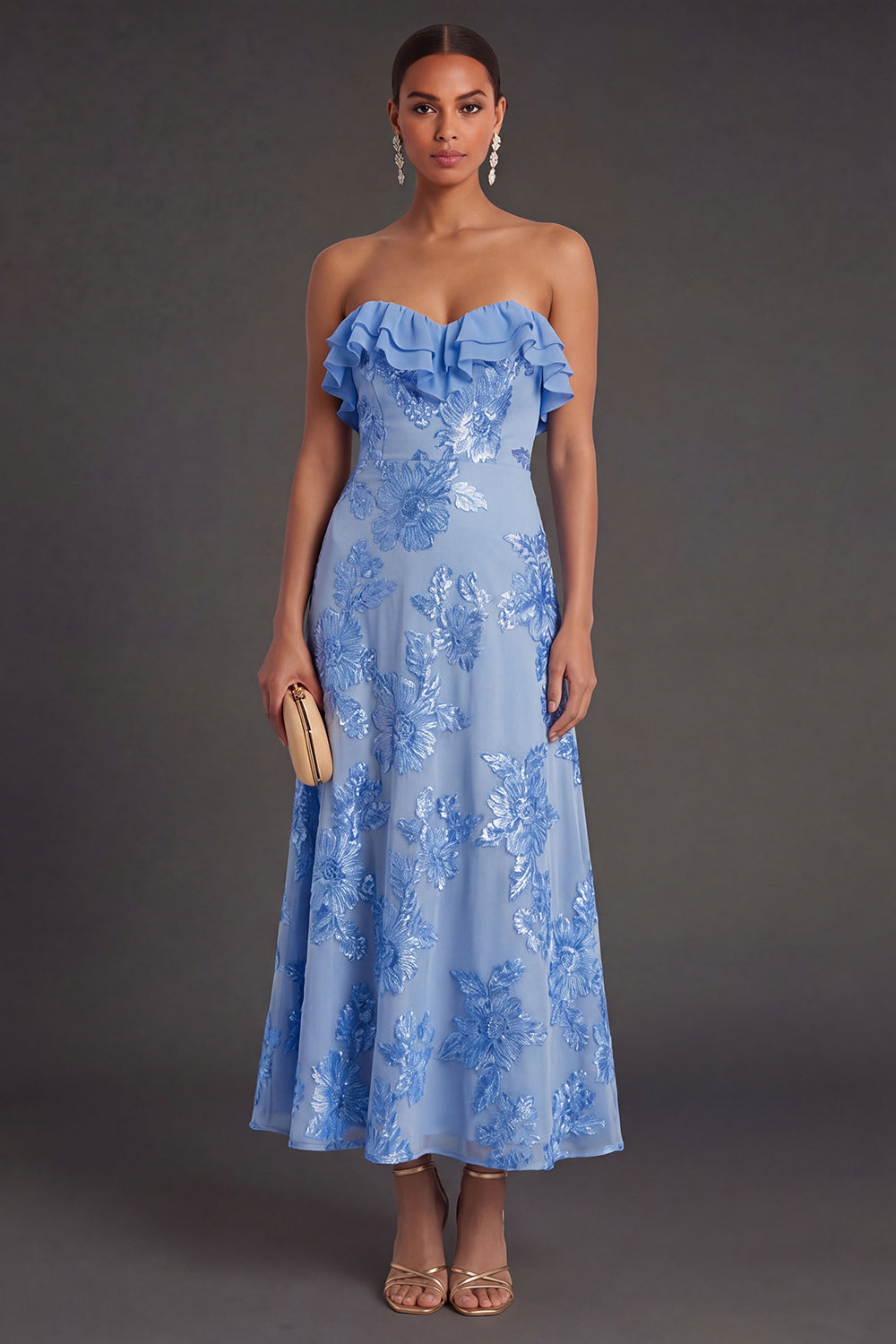 Light Blue A Line Floral Strapless Long Wedding Guest Dress