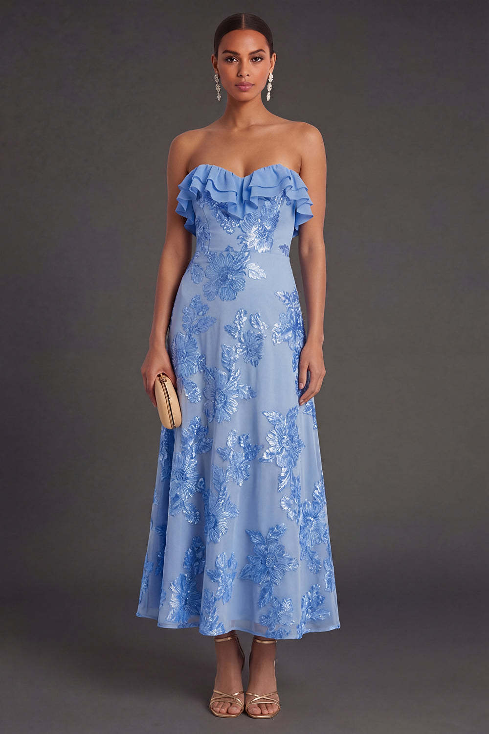 Leely Women Light Blue A Line Floral Strapless Long Wedding Guest Dress Ruffled Backless Garden Party Dress