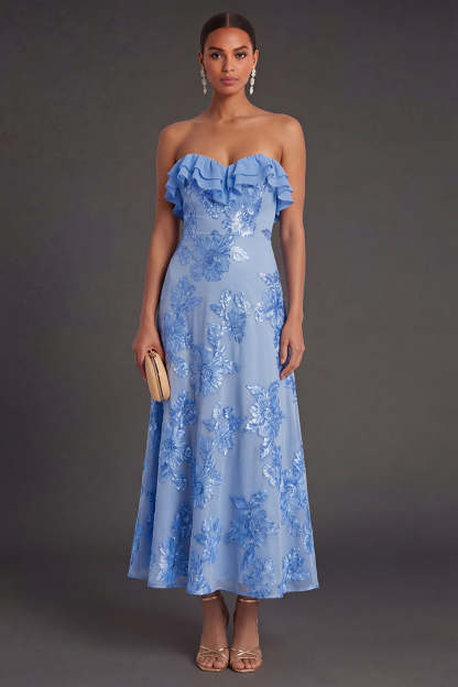 Leely Women Light Blue A Line Floral Strapless Long Wedding Guest Dress Ruffled Backless Garden Party Dress