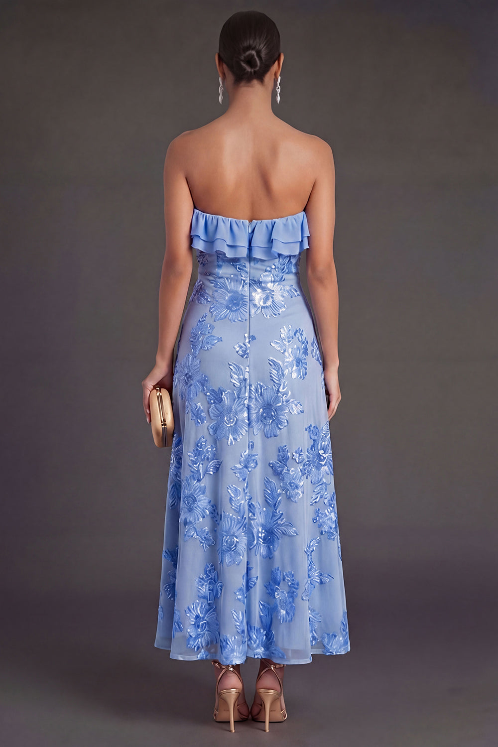 Leely Women Light Blue A Line Floral Strapless Long Wedding Guest Dress ...
