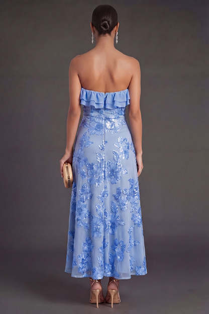 Light Blue A Line Floral Strapless Long Wedding Guest Dress