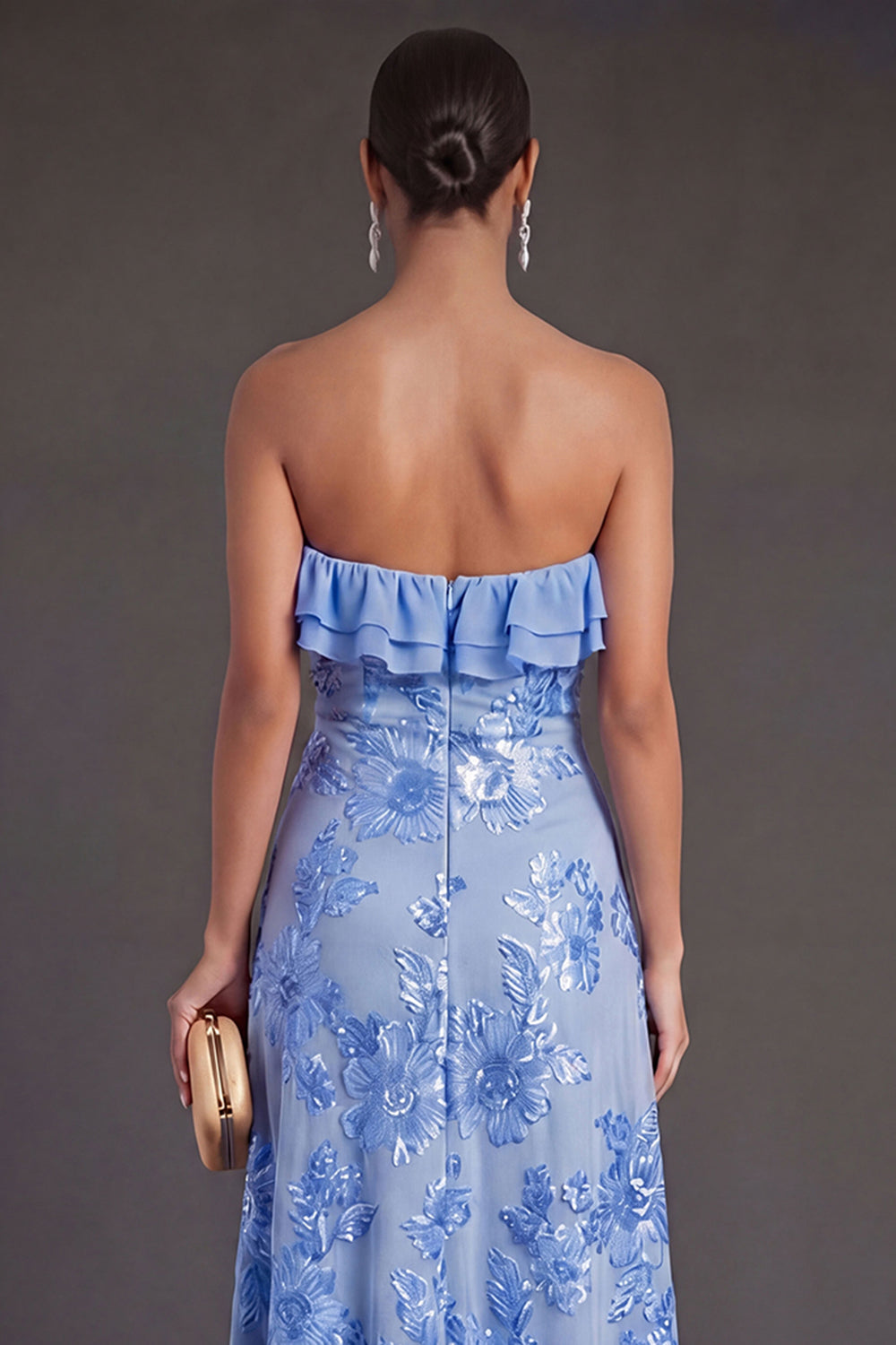 Leely Women Light Blue A Line Floral Strapless Long Wedding Guest Dress ...