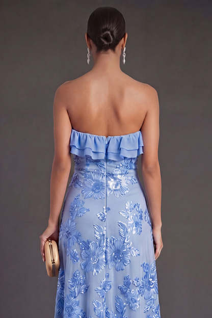Light Blue A Line Floral Strapless Long Wedding Guest Dress
