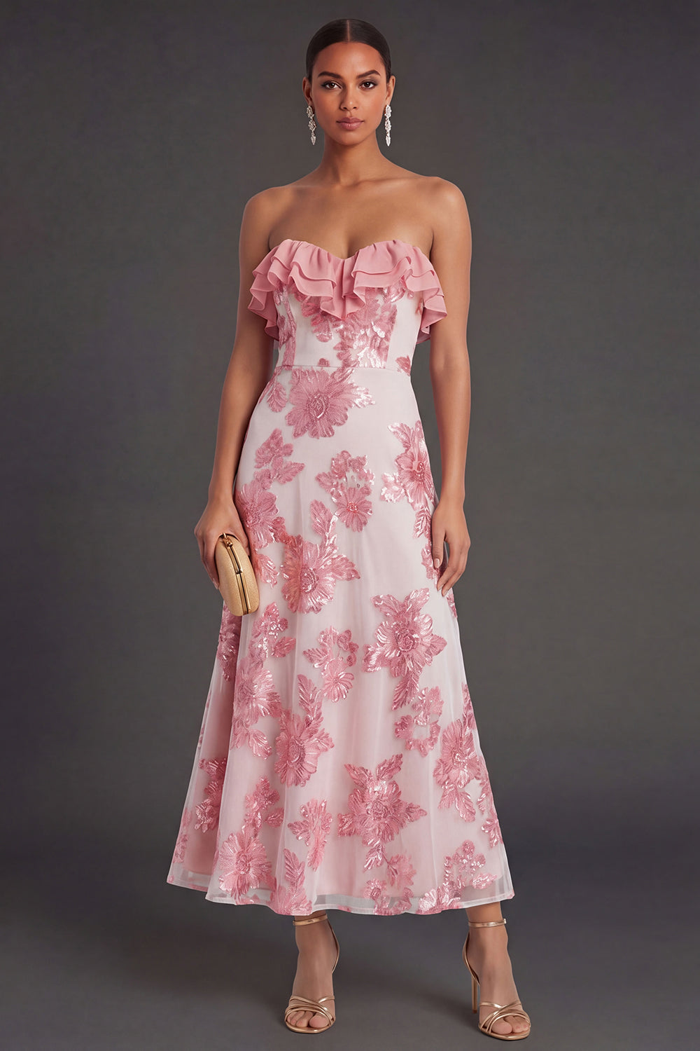 Light Blue A Line Floral Strapless Long Wedding Guest Dress