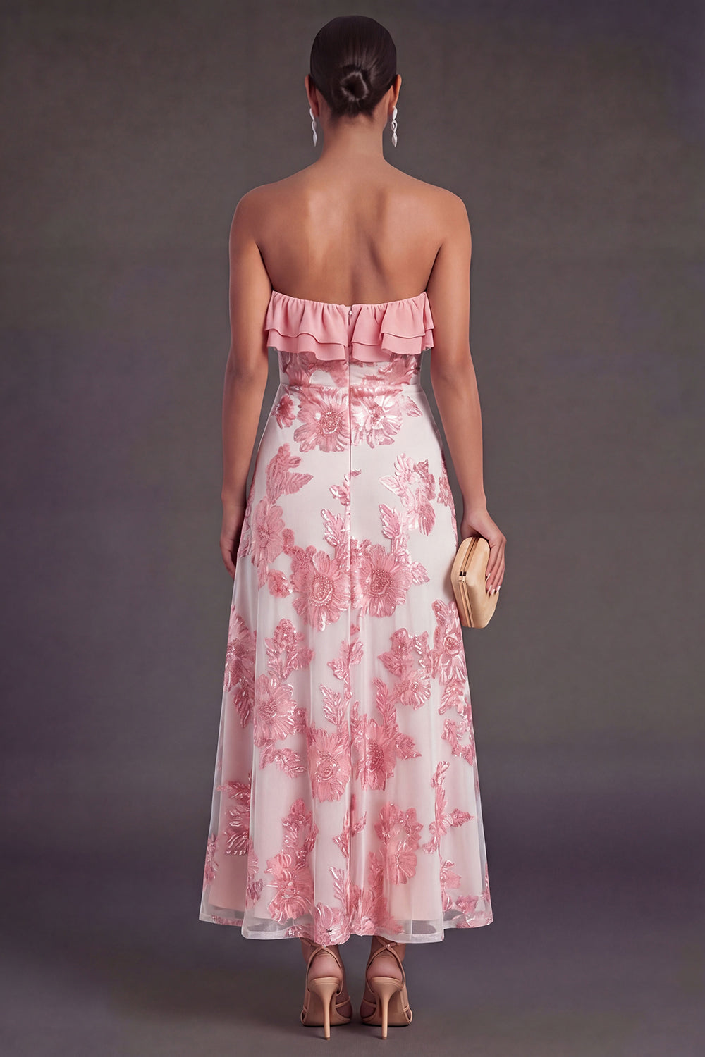 Light Blue A Line Floral Strapless Long Wedding Guest Dress