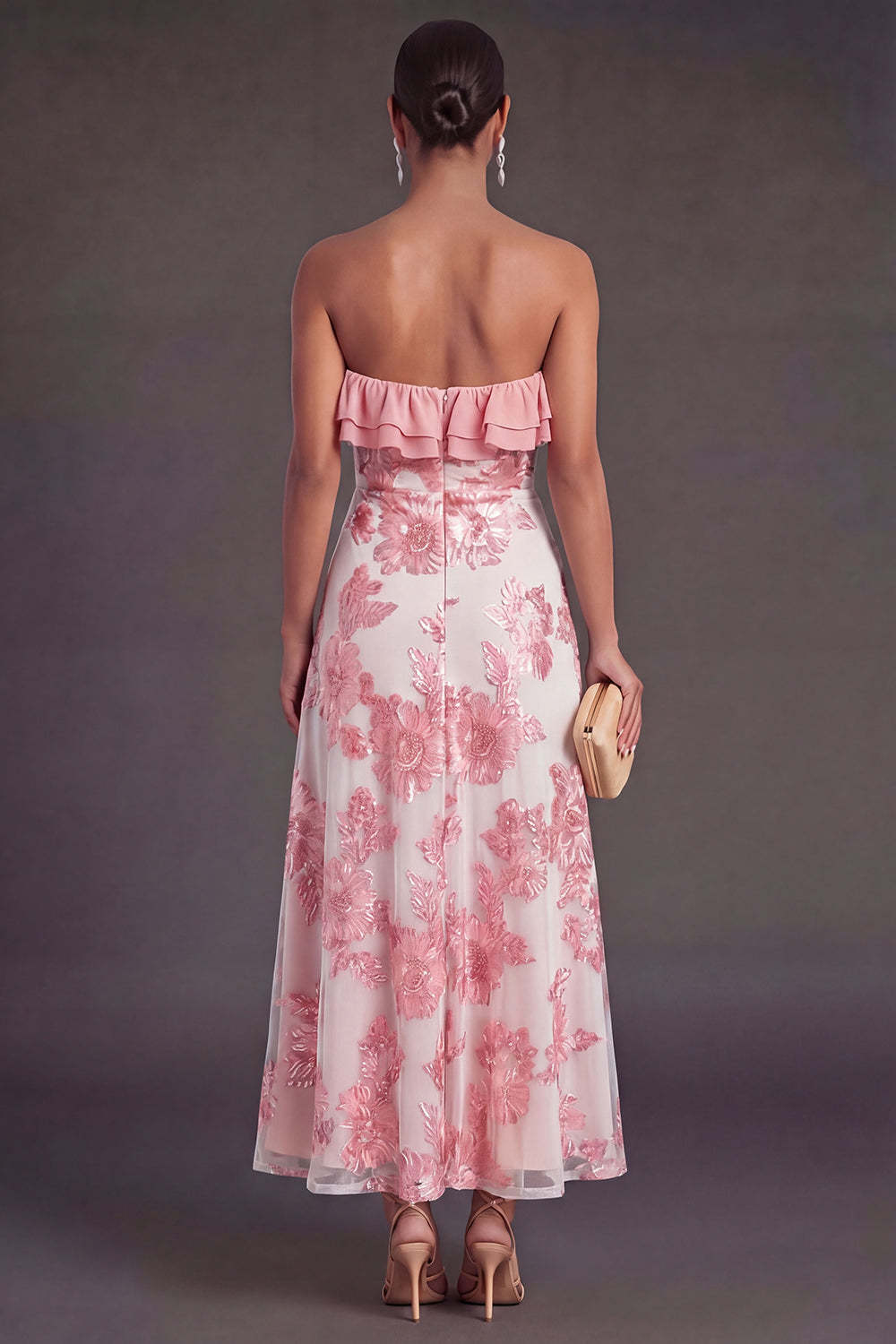 Light Blue A Line Floral Strapless Long Wedding Guest Dress