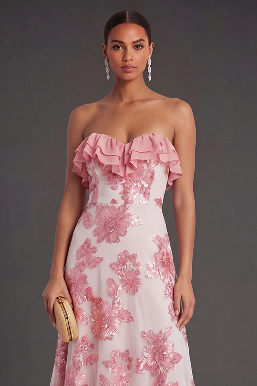 Light Blue A Line Floral Strapless Long Wedding Guest Dress