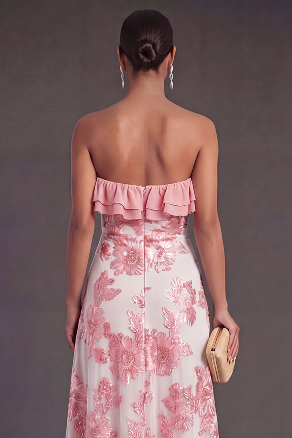 Light Blue A Line Floral Strapless Long Wedding Guest Dress