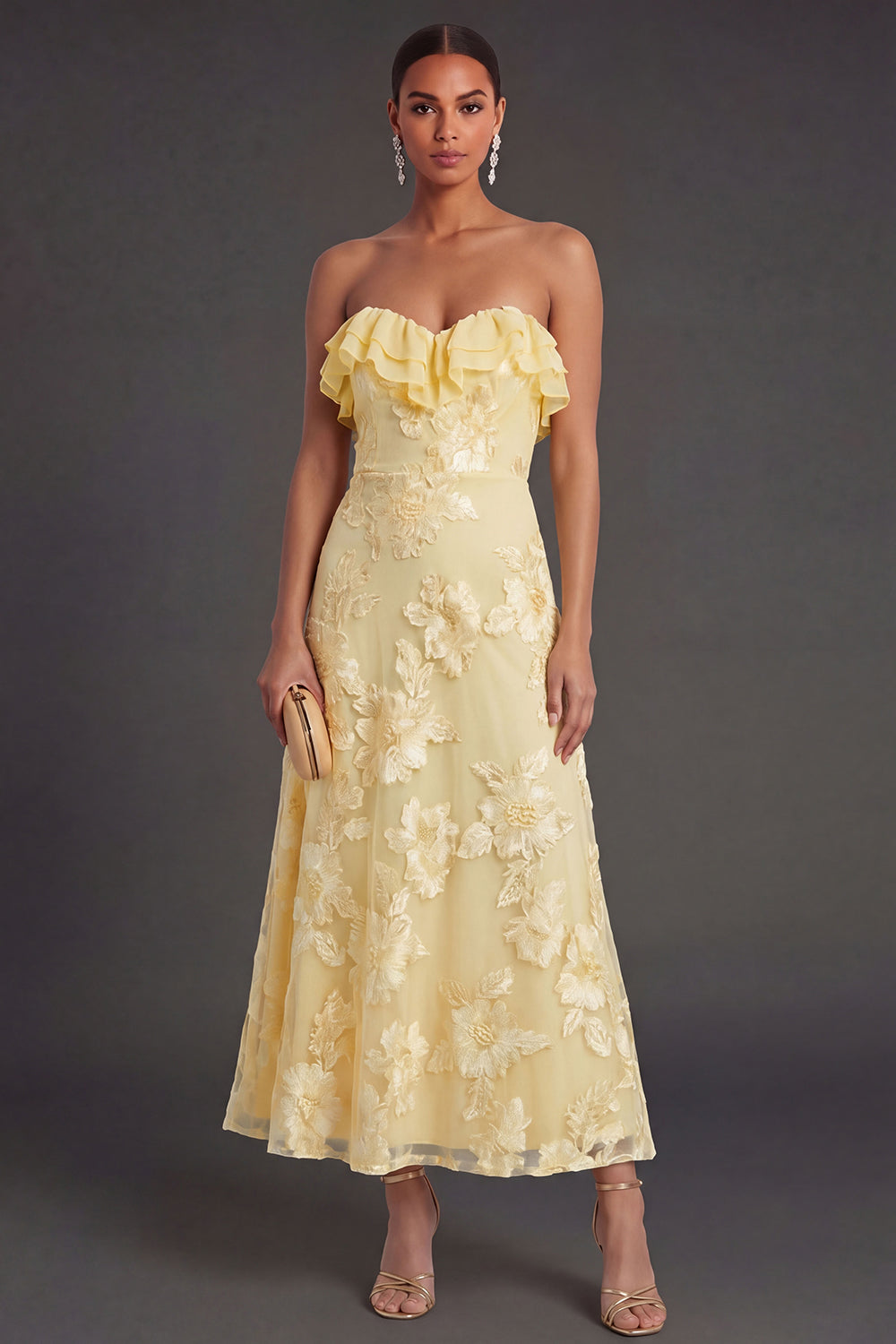 Light Blue A Line Floral Strapless Long Wedding Guest Dress