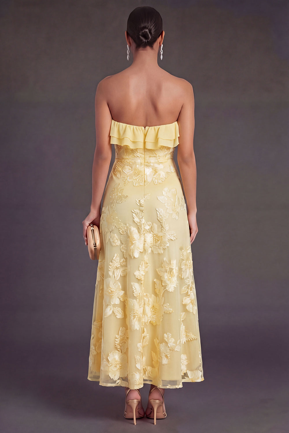 Light Blue A Line Floral Strapless Long Wedding Guest Dress