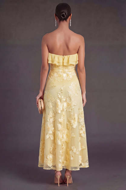 Light Blue A Line Floral Strapless Long Wedding Guest Dress