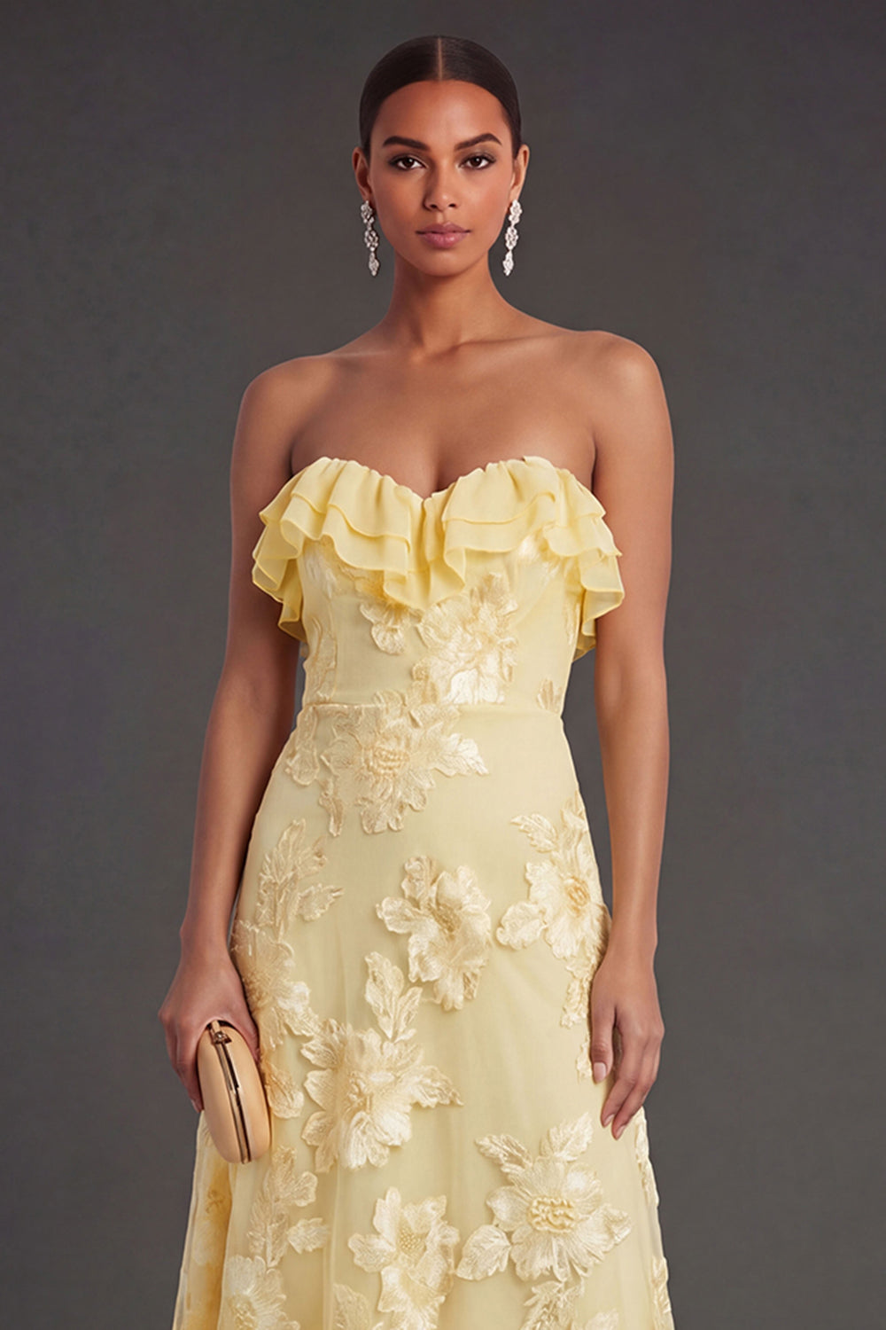 Light Blue A Line Floral Strapless Long Wedding Guest Dress