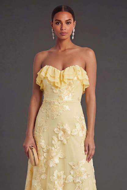 Light Blue A Line Floral Strapless Long Wedding Guest Dress