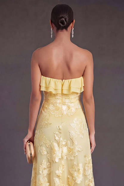 Light Blue A Line Floral Strapless Long Wedding Guest Dress