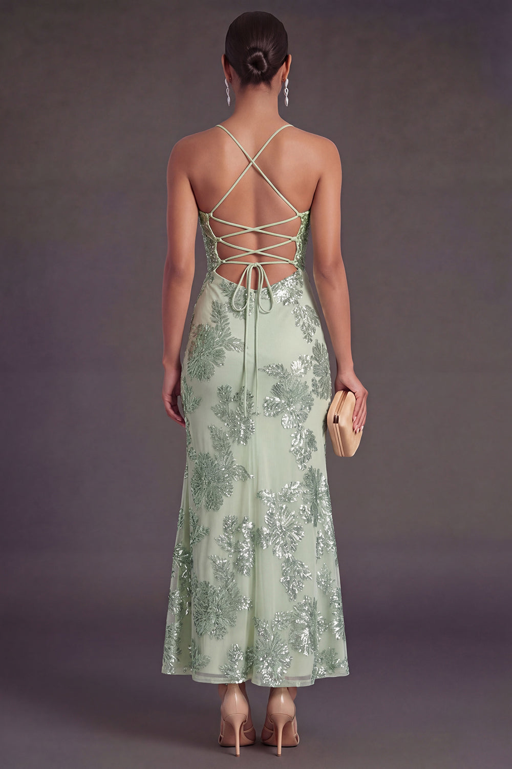 Sage Green Mermaid Floral Long Wedding Guest Dress