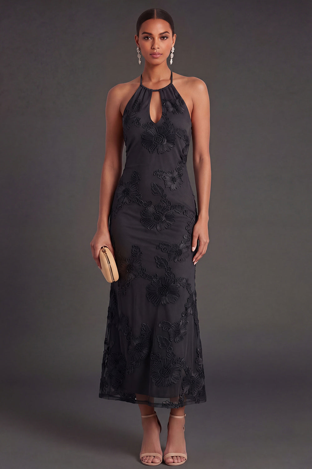Appliqued Blue Floral Mermaid Midi Wedding Guest Dress