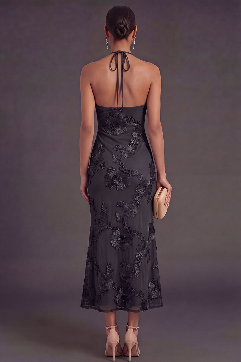 Appliqued Blue Floral Mermaid Midi Wedding Guest Dress