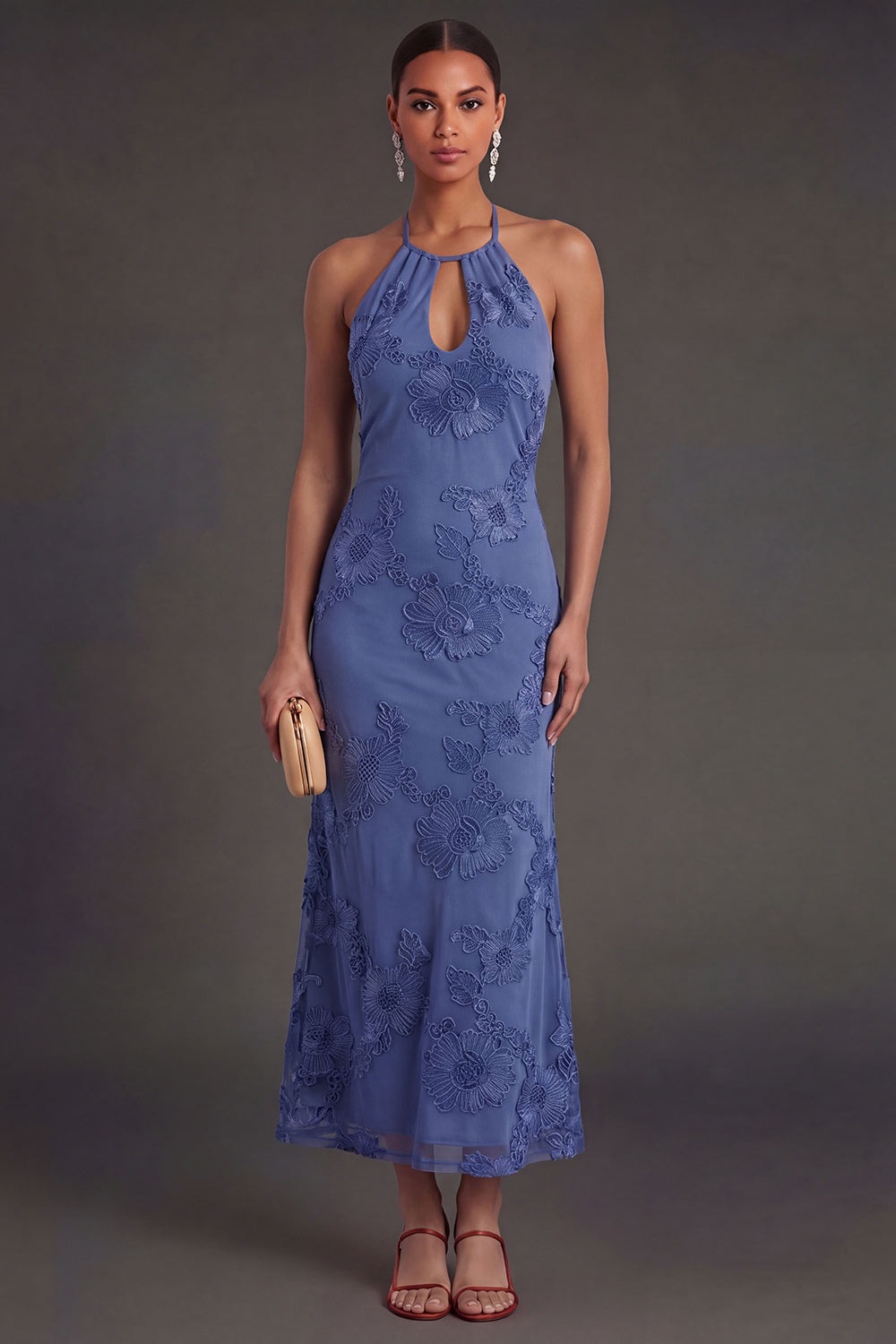 Leely Women Appliqued Blue Floral Mermaid Midi Wedding Guest Dress Backless Halter Neck Garden Party Dress