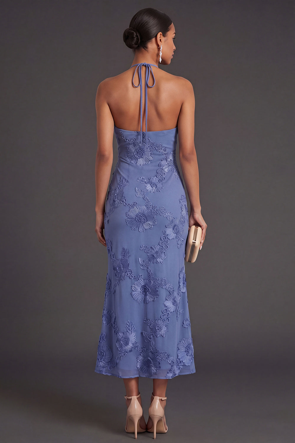 Appliqued Blue Floral Mermaid Midi Wedding Guest Dress