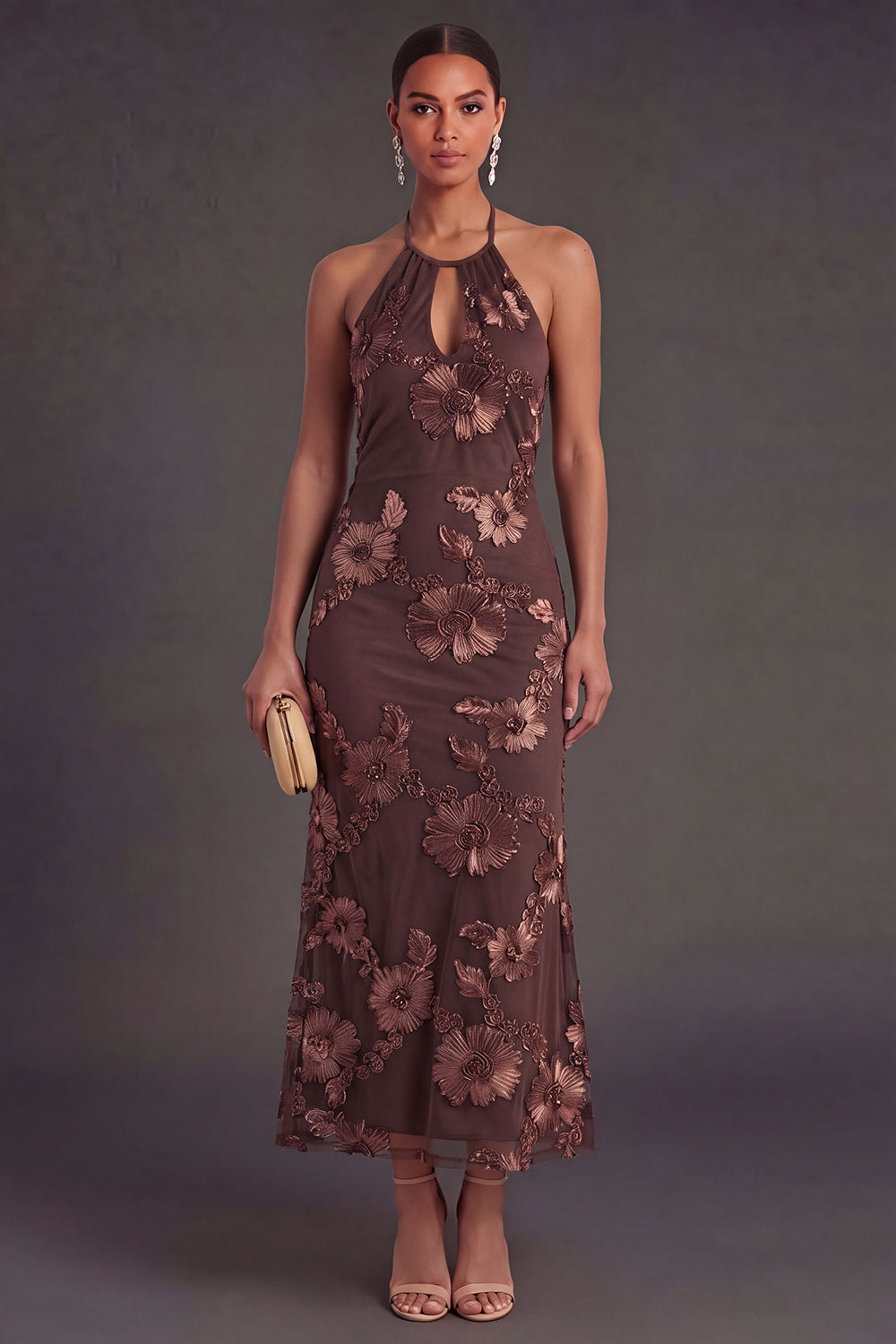 Appliqued Blue Floral Mermaid Midi Wedding Guest Dress