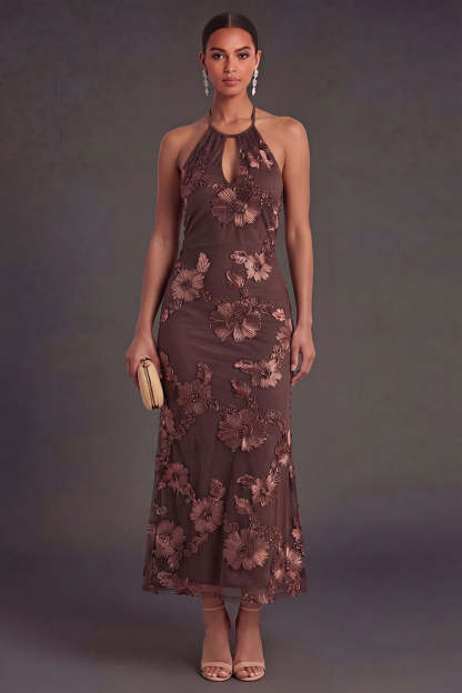 Appliqued Blue Floral Mermaid Midi Wedding Guest Dress