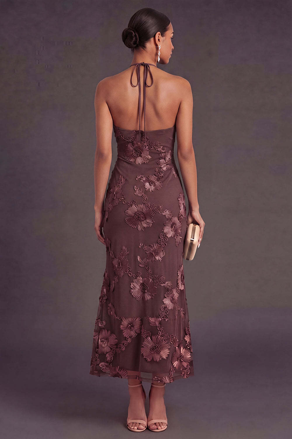 Appliqued Blue Floral Mermaid Midi Wedding Guest Dress