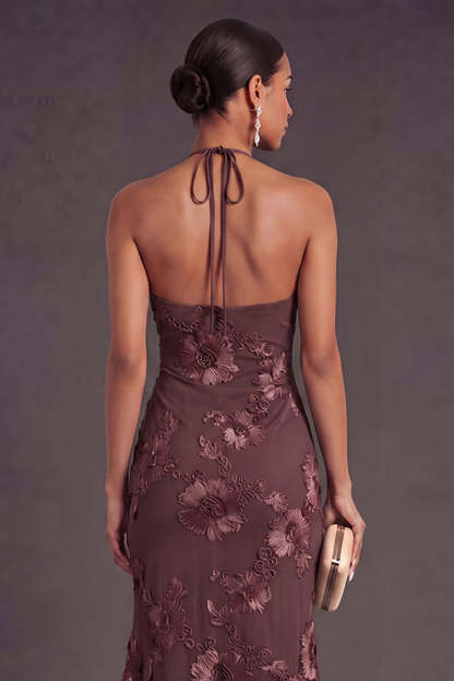 Appliqued Blue Floral Mermaid Midi Wedding Guest Dress