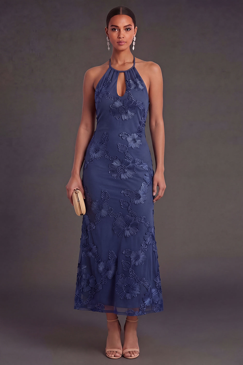 Appliqued Blue Floral Mermaid Midi Wedding Guest Dress